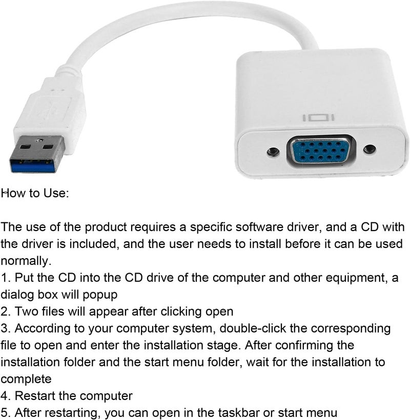 Zopsc USB3.0 to VGA Converter 5Gbps HD 1080P Adapter Cable 15Pin Female, Supports Multi Display Solutions, No External Power Supply, for PC laptops, Desktops, Monitors. (White) - Image 5